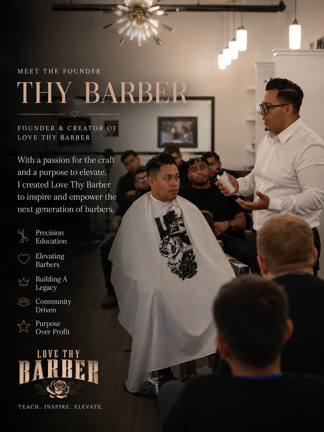 Existing Love Thy Barber founder artwork showing barber education; reused native project artwork.